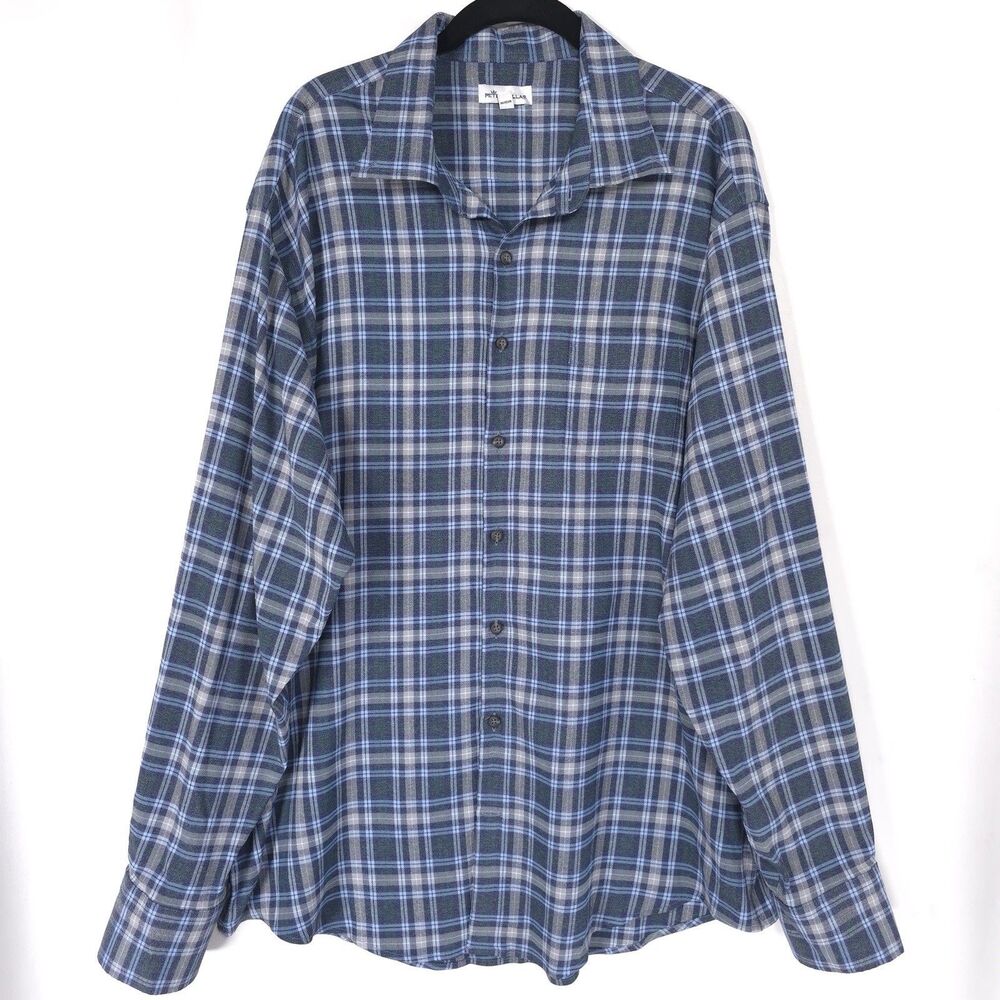 Peter Millar Men's Shirt XL Plaid Performance Blue Check Nylon Blend Navy Long S